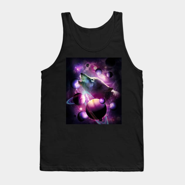 Cosmic Wolf Howling At Moon In Space Tank Top by Random Galaxy